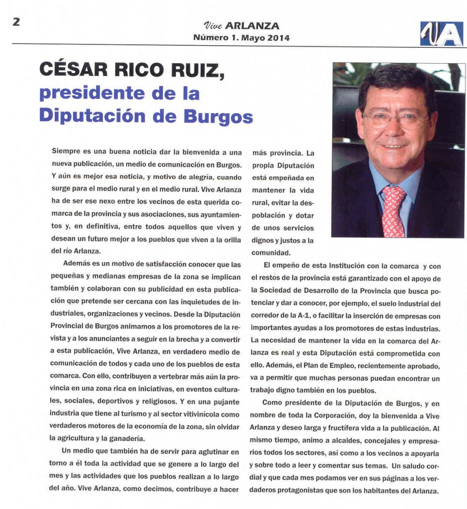 Vive Arlanza, numero 1 Saludo de D.César Rico, Presidente de la Diputación de Burgos