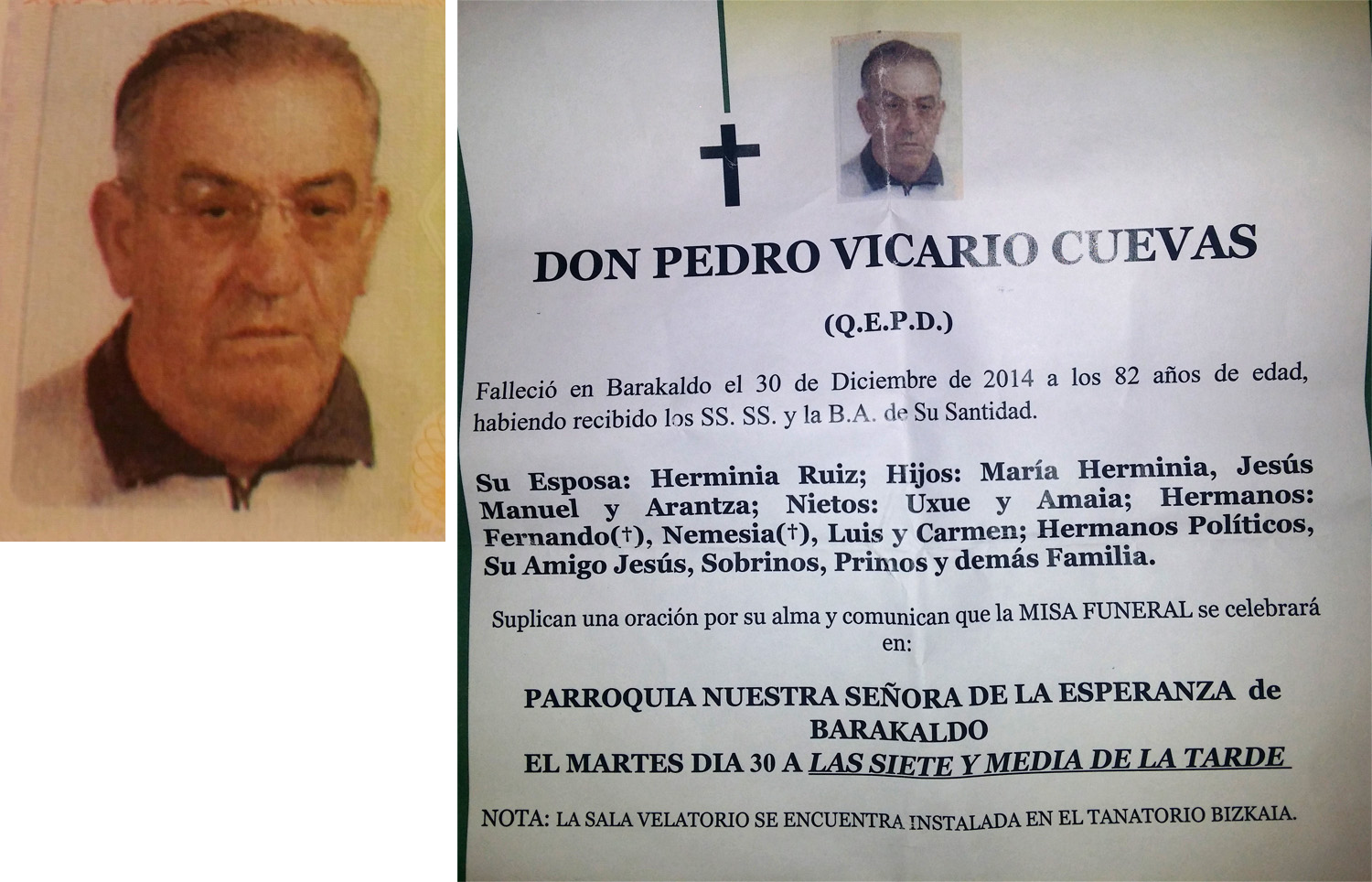 Esquela de Pedro Vicario Cuevas, falleció el 30-12-2014 en Baracaldo