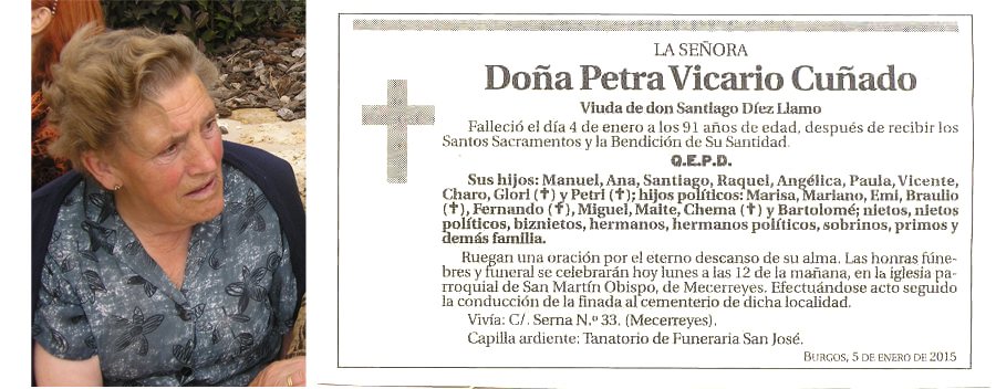Esquela de Petra Vicario Cuñado, falleció el 4-01-2015 a los 91 años