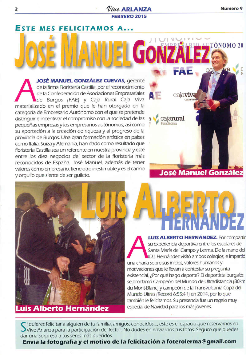 Vive Arlanza num 9-2015, 2.    Felicitación a José Manuel González.