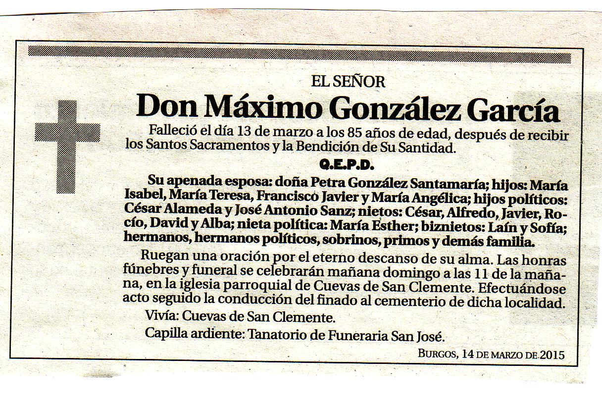 Esquela de Don Máximo González García. Falleció en Cuevas de San Clemente a los 85 años