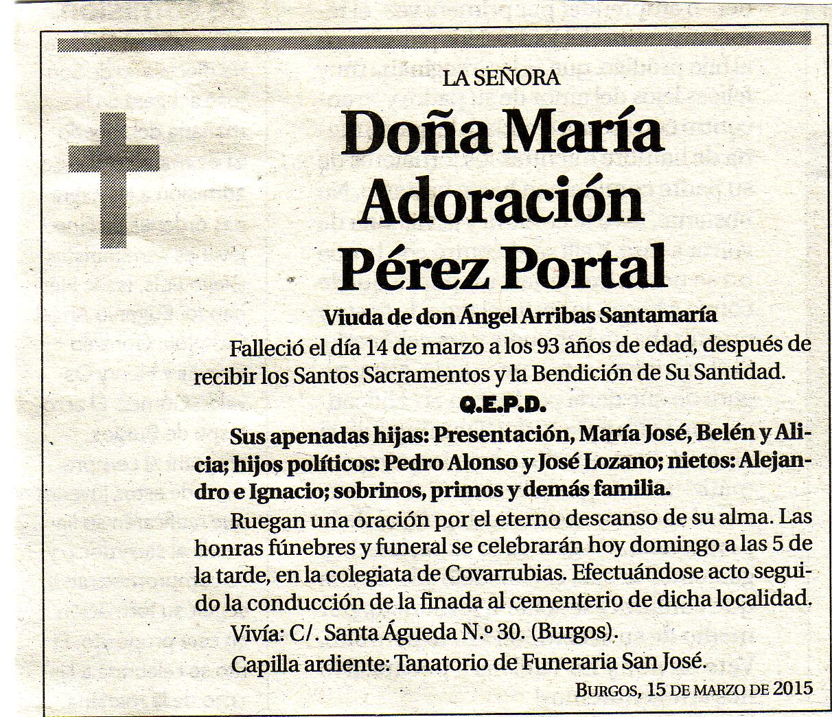 Esquela de Dª Adoración Pérez Portal. Falleció en Burgos a los 93 años