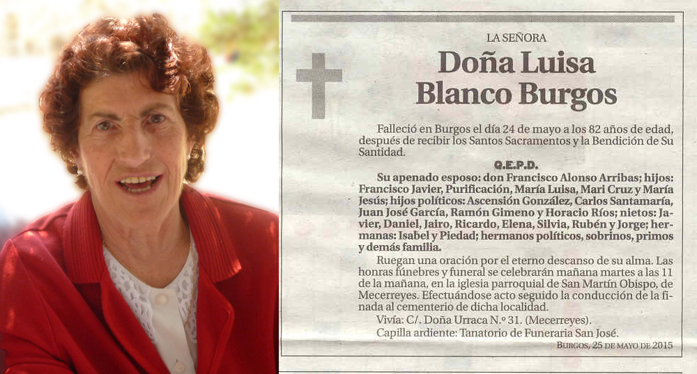Esquela de Luisa Blanco Burgos. Falleció en Burgos a los 82 años