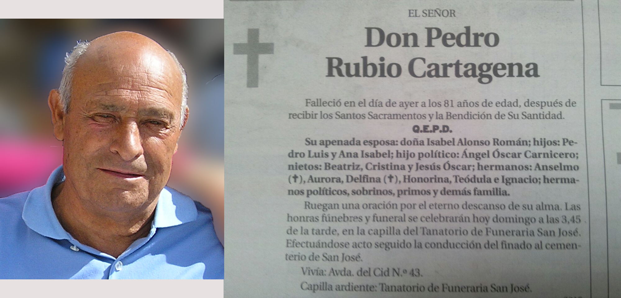 Esquela de Pedro Rubio Cartagena. Falleció en Burgos a los 81 años