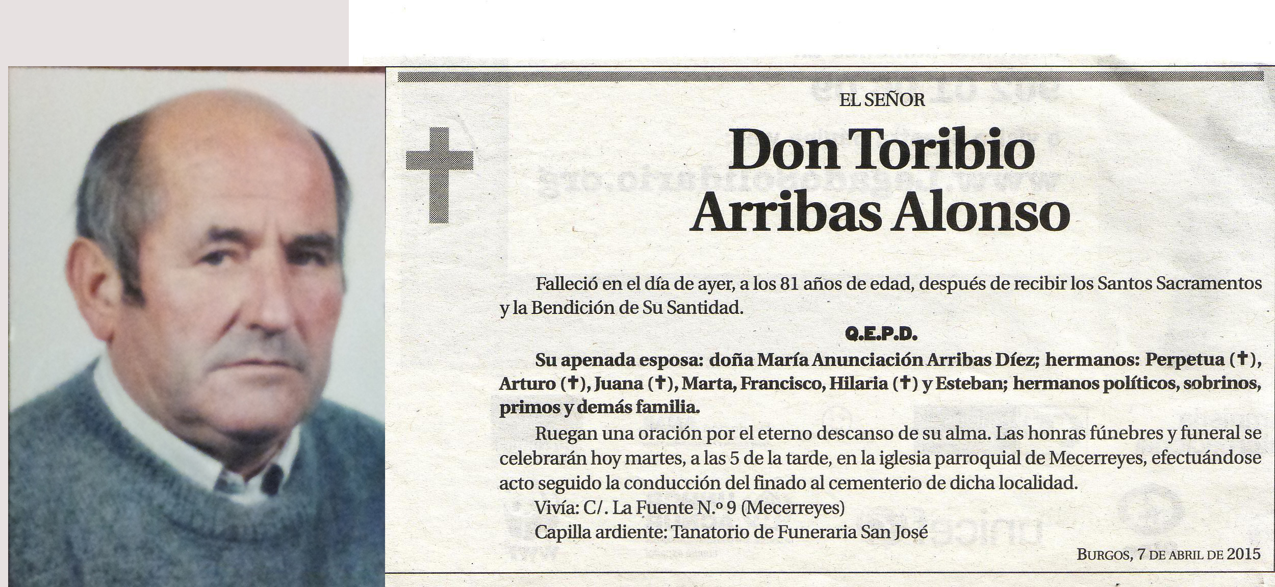 Esquela de Toribio Arribas Alonso. Falleció en Burgos a los 81 años