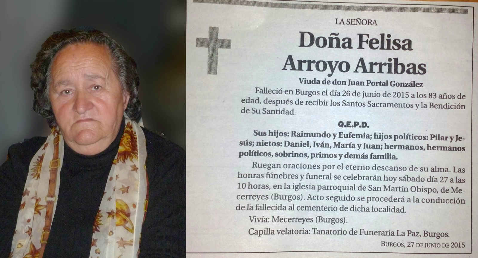 Esquela de Felisa Arroyo Arribas. Falleció el 26 de junio de 2015