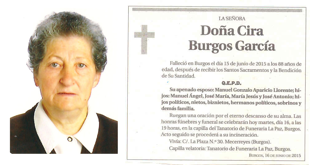 Esquela Cira Burgos García. 