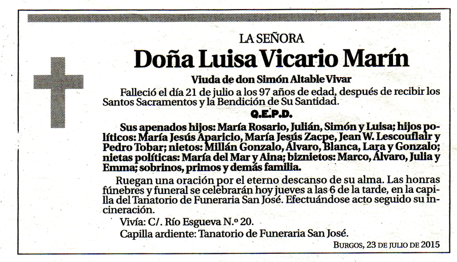 Esquela de Luisa Vicario Marín, falleció en Burgos el 21-07-2015 a los 97 años