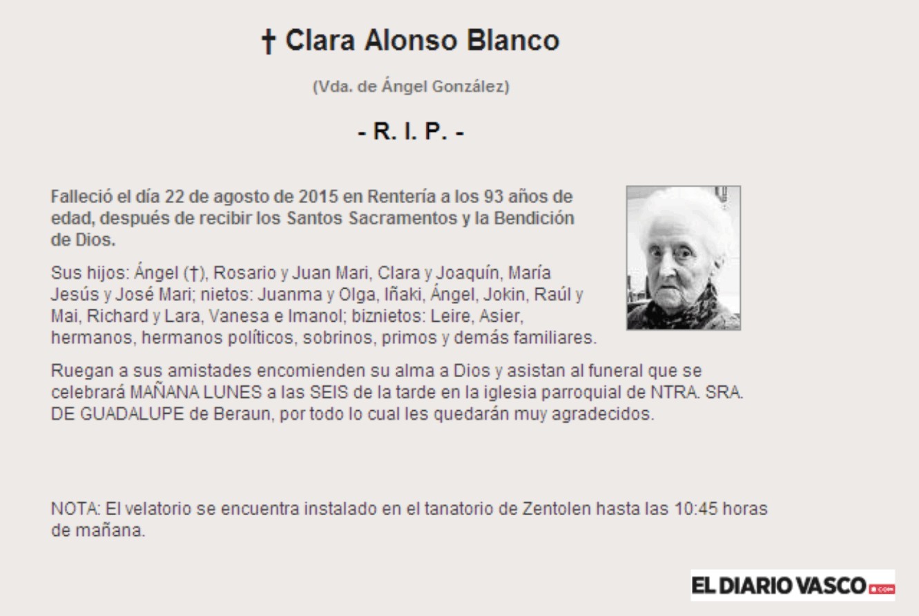Esquela de Clara Alonso Blanco, falleció en Rentería, a los 93 años