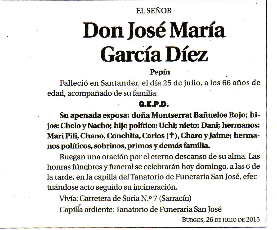 Esquela de Pepín García Díez, falleció en Santander el 25-07-2015 a los 66 años
