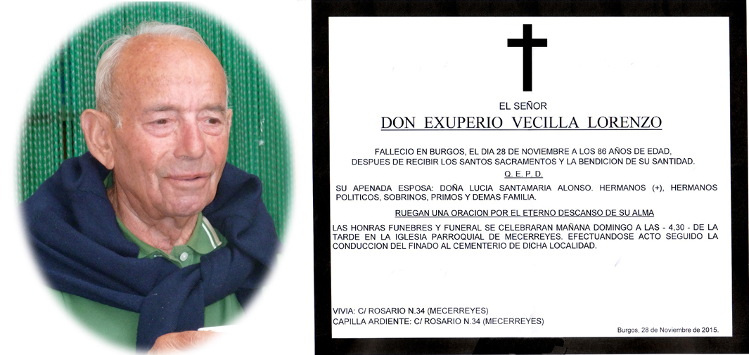 Esquela Exuperio Vecilla Lorenzo, falleció en Burgos el 28-11-2015 a los 86 años
