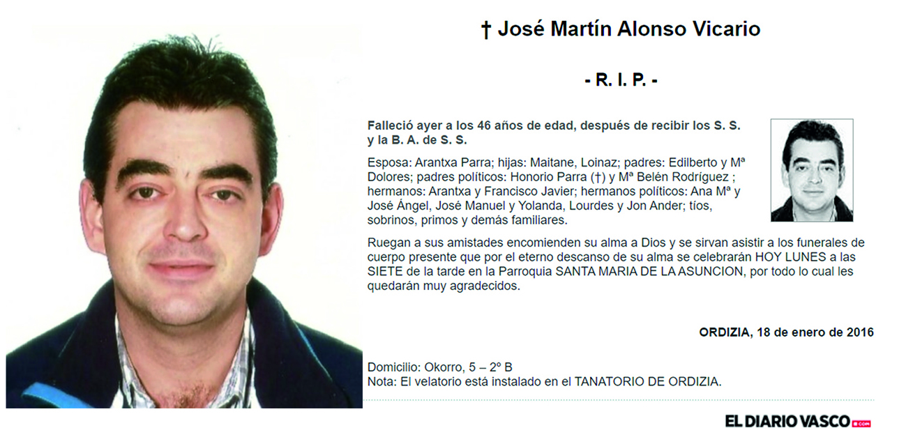 Esquela José Martín Alonso Vicario, falleció el 17-01-2016 a los 46 años