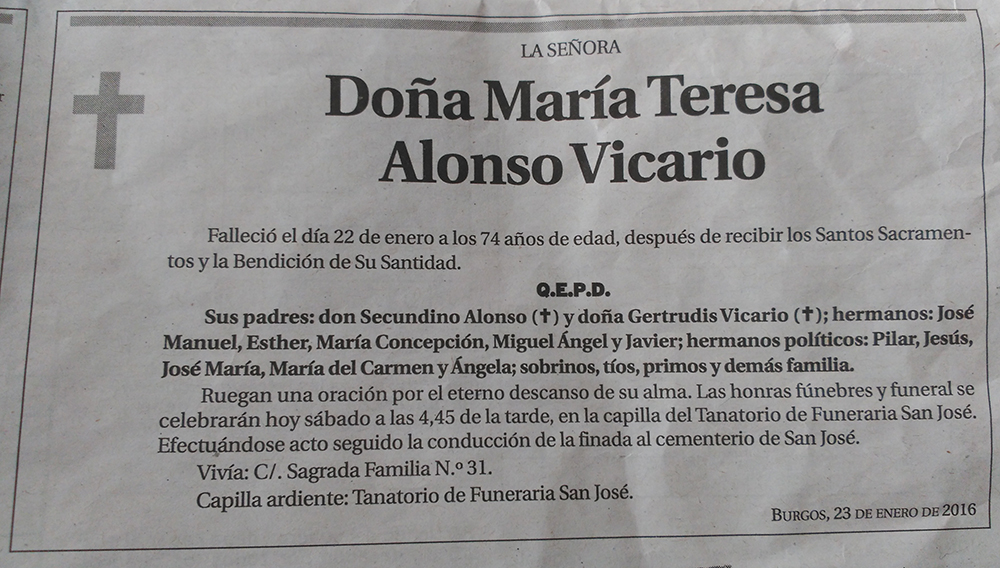 Esquela de María Teresa Alonso Vicario, falleció el 22 de enero de 2016 a los 74 años