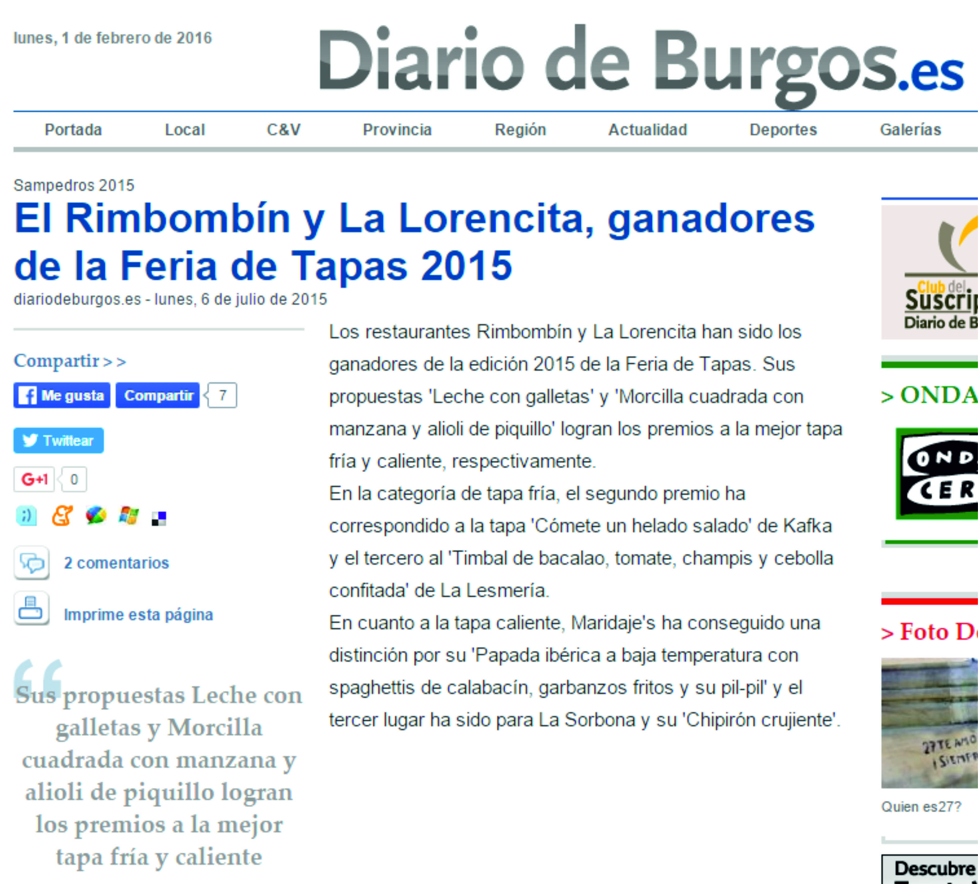 Diario de Burgos, Rimbombín ganador Feria Tapas 2015