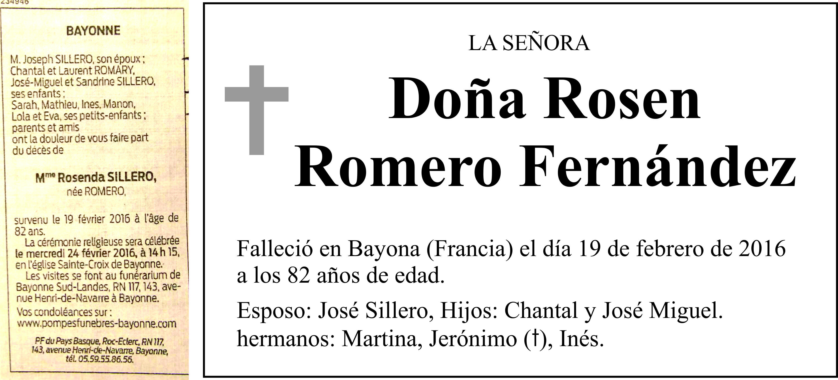 Esquela Rosen Romero, falleció el 19 de febrero de 2016, en Bayona, Francia