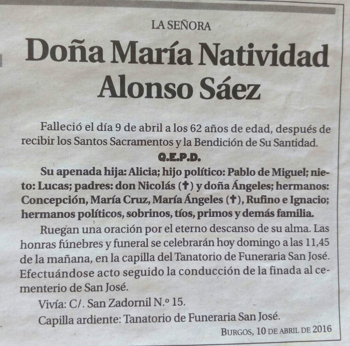 Esquela de Doña María Natividad Alonso Sáez, falleció el 9 de abril de 2016 en Burgos, a los 62 años
