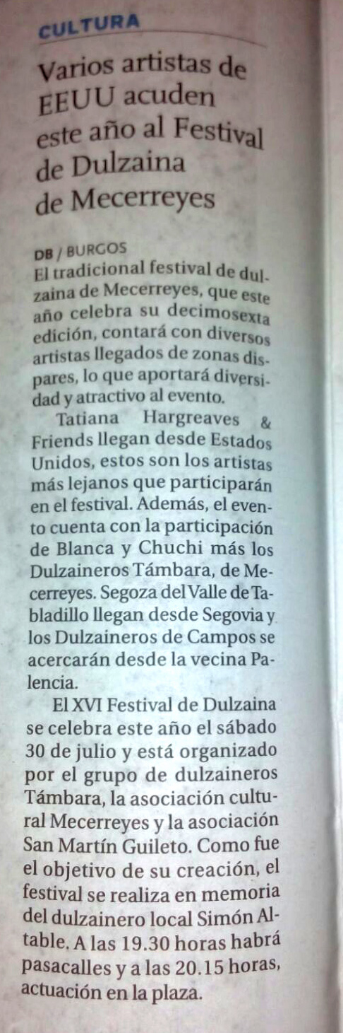 Diario de Burgos 19-07-2016, Mecerreyes Festival de Dulzaina