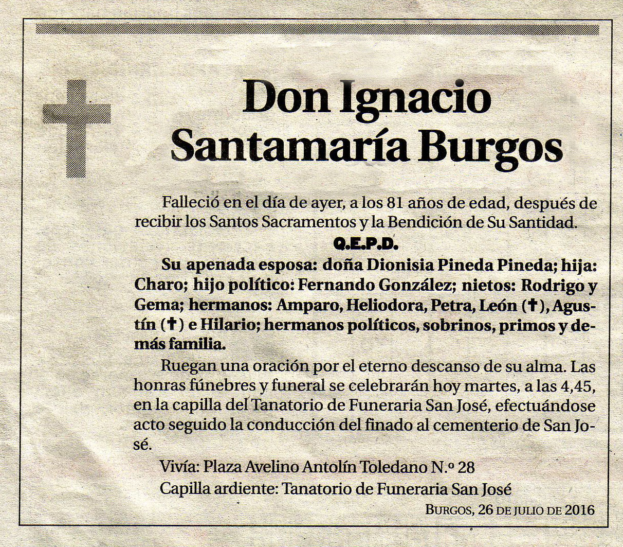 Esquela de Ignacio Santamaría Burgos, falleció en Burgos el 25-07-2016 a los 81 años