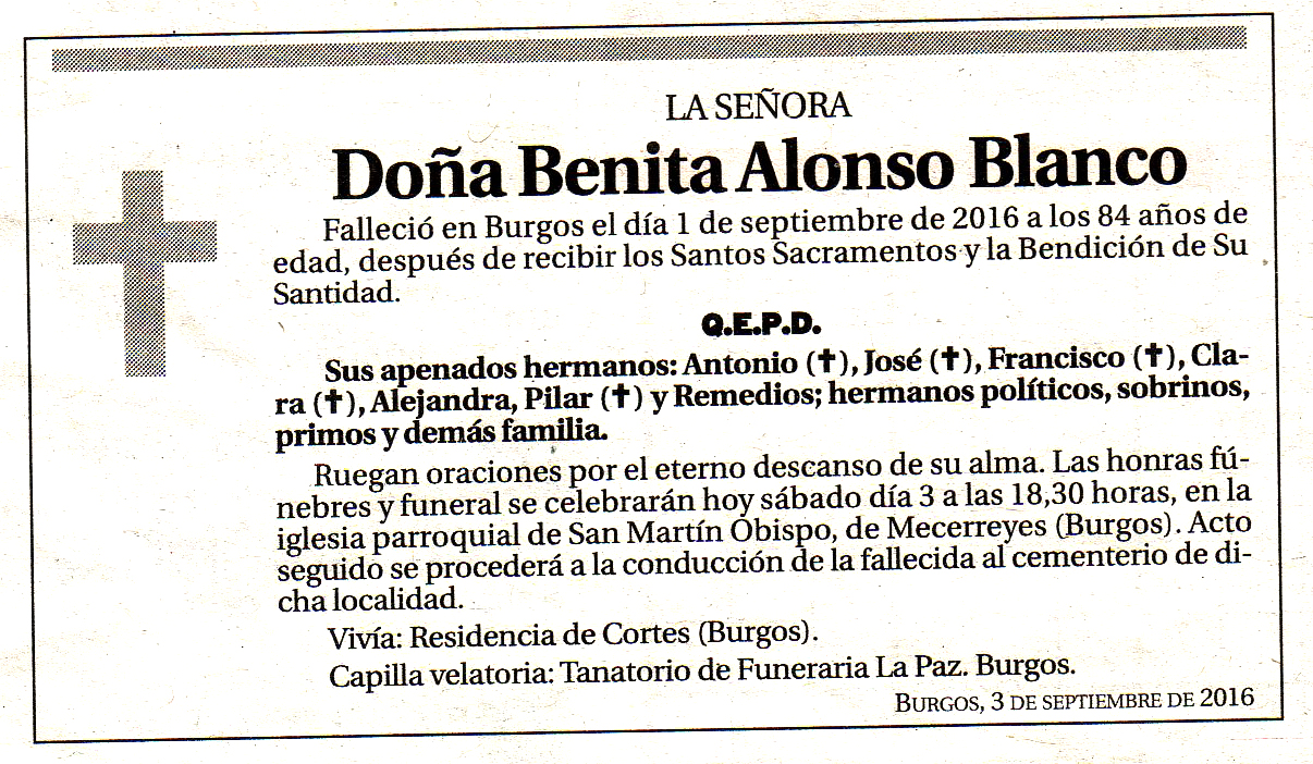 Esquela Benita Alonso Blanco, falleció el 1 de septiembre de 2016, a los 84 años de edad