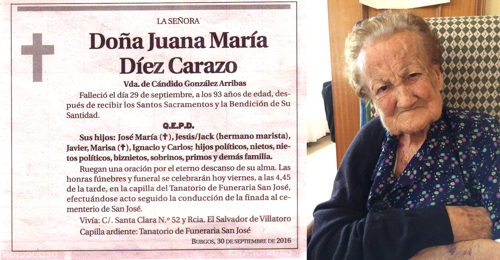 Esquela Juana (Juanita) Diez Carazo, falleció en Burgos el 29-09-2016