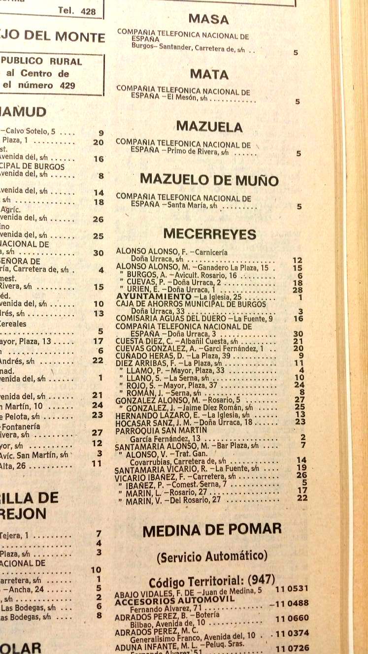 Mecerreyes, guía de teléfonos año 1976